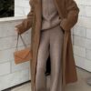 's Elegant Long Double-Breasted Coat - Oversized Winter Jacket with White Piping (Collar &), Brown Trench Coat for, Formal Events & Professional Attire - Machine Washable Outerwear
